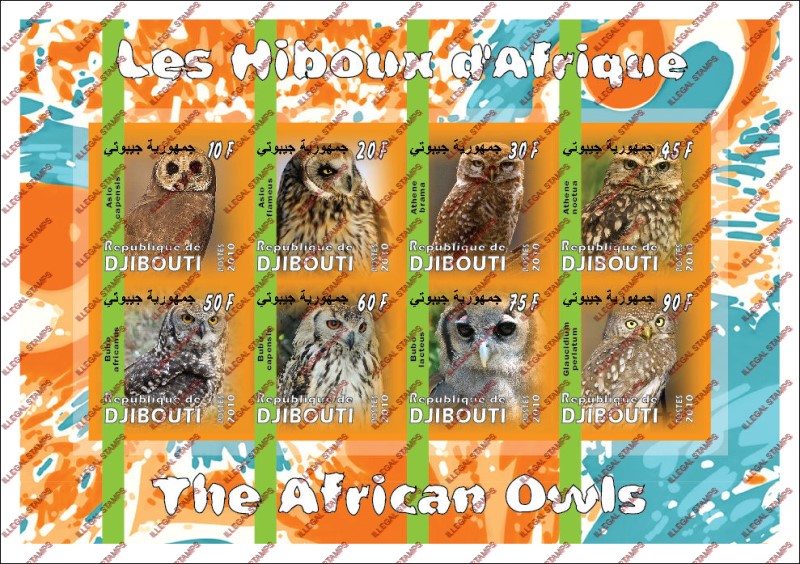 Djibouti 2010 Owls Illegal Stamp Sheetlet of 8
