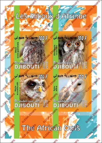 Djibouti 2010 Owls Illegal Stamp Souvenir Sheet of 4