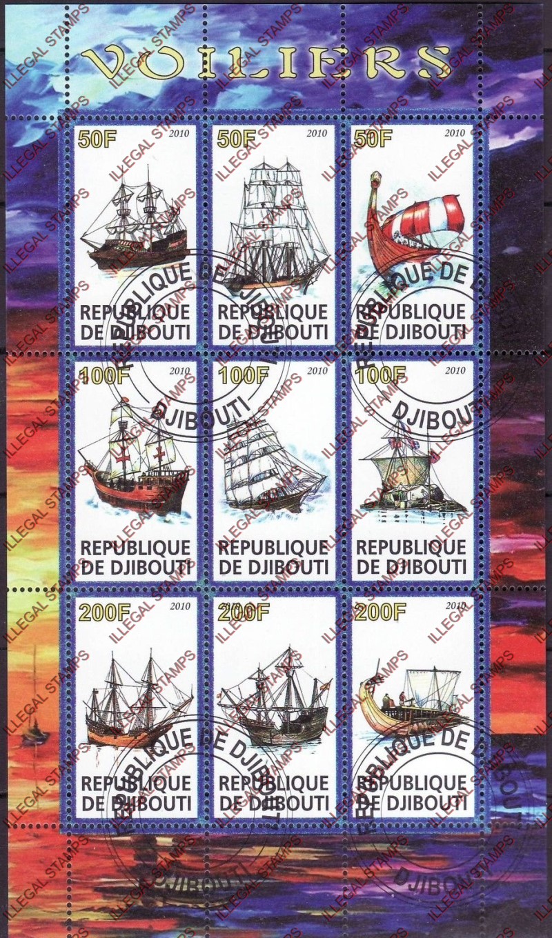 Djibouti 2010 Sailing Ships Illegal Stamp Sheetlet of 9