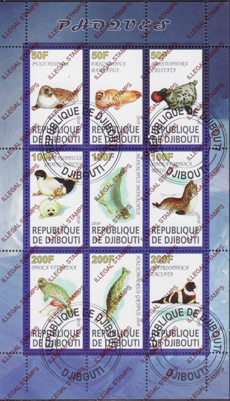 Djibouti 2010 Seals Illegal Stamp Sheetlet of 9