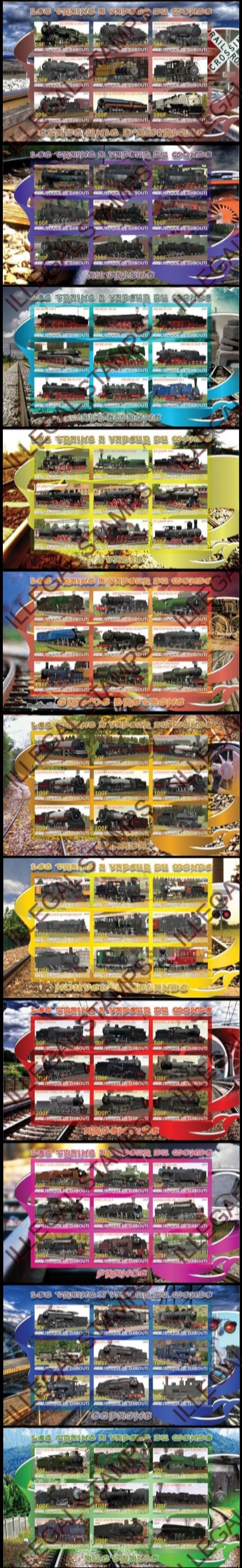 Djibouti 2010 Steam Locomotives of the World Illegal Stamp Sheetlets of 9