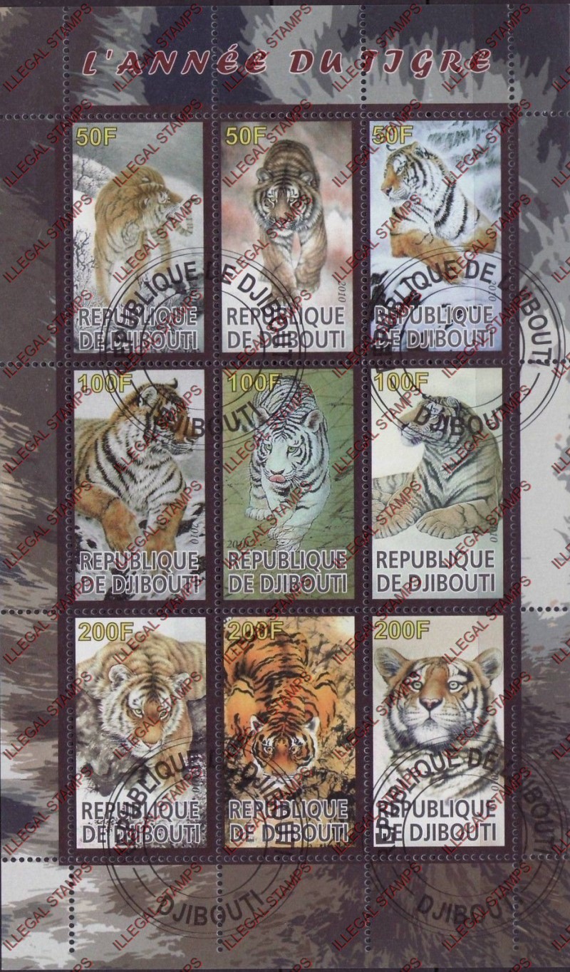 Djibouti 2010 Tigers Illegal Stamp Sheetlet of 9