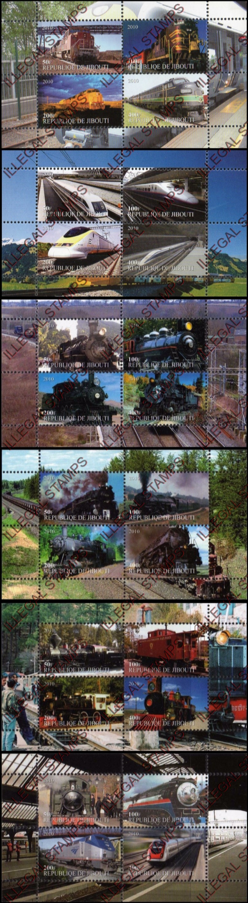 Djibouti 2010 Trains Illegal Stamp Souvenir Sheets of 4