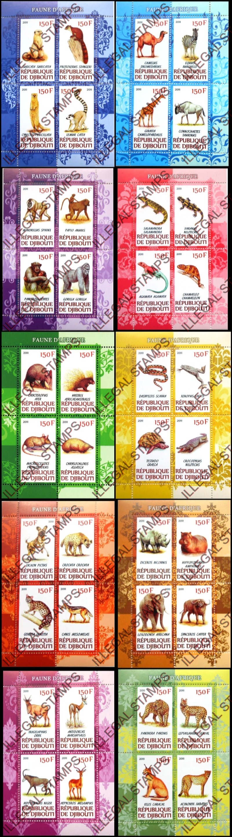 Djibouti 2011 African Fauna Illegal Stamp Souvenir Sheets of 4