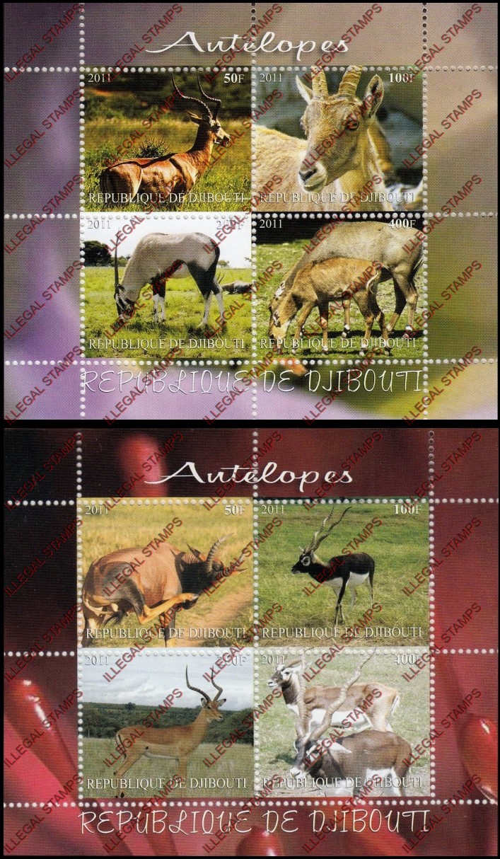Djibouti 2011 Animals Antelope Illegal Stamp Souvenir Sheets of 4