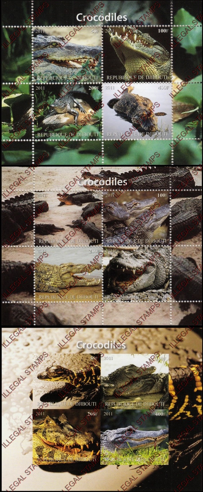 Djibouti 2011 Animals Crocodiles Illegal Stamp Souvenir Sheets of 4