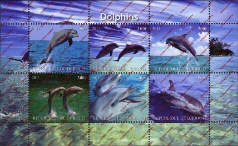 Djibouti 2011 Animals Dolphins Illegal Stamp Sheetlet of 6