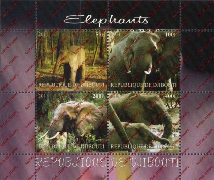 Djibouti 2011 Animals Elephants Illegal Stamp Souvenir Sheet of 4