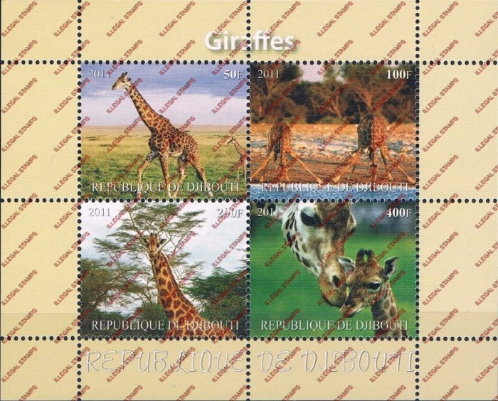 Djibouti 2011 Animals Giraffes Illegal Stamp Souvenir Sheet of 4