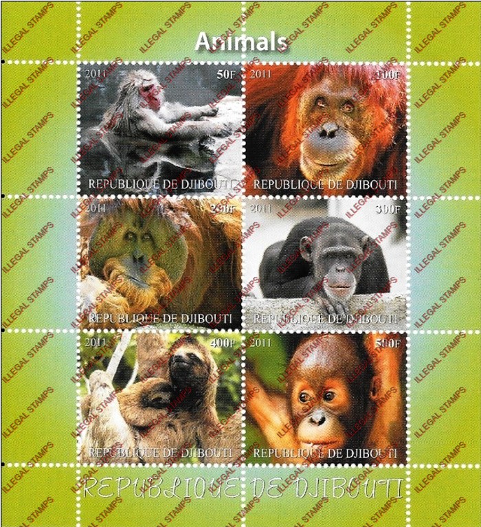 Djibouti 2011 Animals Vertical Illegal Stamp Sheetlet of 6 with Plain Background