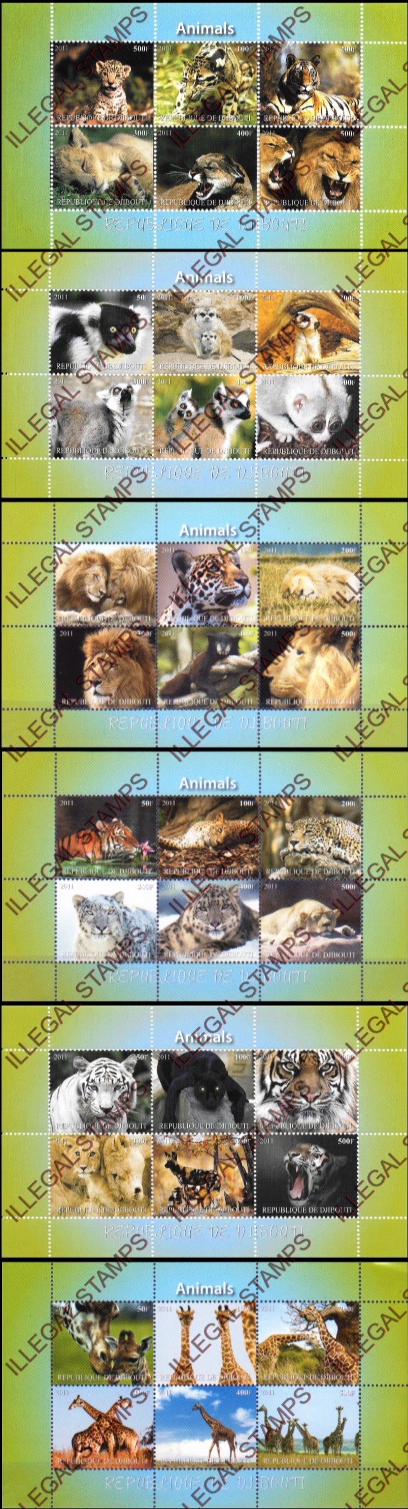 Djibouti 2011 Animals Horizontal Illegal Stamp Sheetlets of 6 with Plain Backgrounds (Part 1)