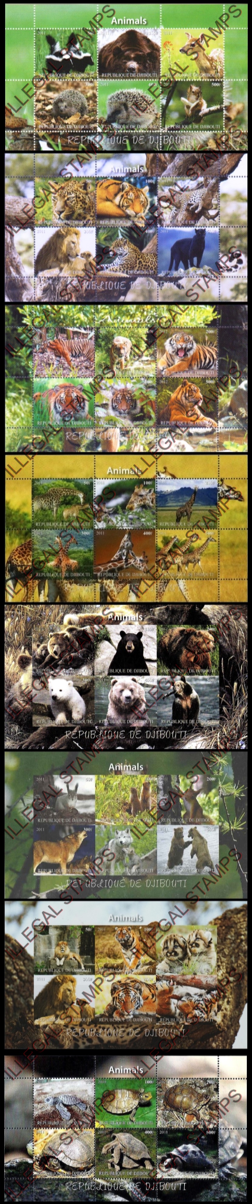 Djibouti 2011 Animals Horizontal Illegal Stamp Sheetlets of 6 with Picture Backgrounds