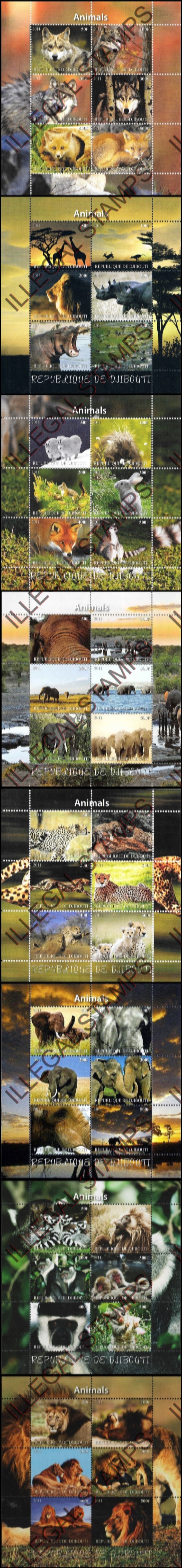 Djibouti 2011 Animals Vertical Illegal Stamp Sheetlets of 6 with Picture Backgrounds