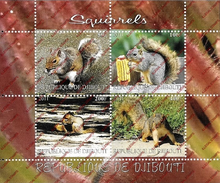 Djibouti 2011 Animals Squirrels Illegal Stamp Souvenir Sheet of 4