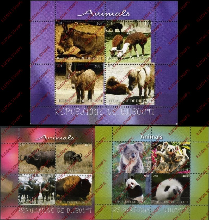 Djibouti 2011 Animals Illegal Stamp Souvenir Sheets of 4 with Plain Backgrounds (Part 1)