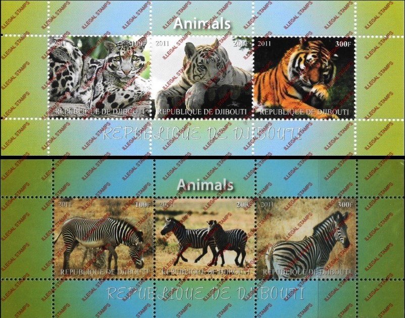 Djibouti 2011 Animals Illegal Stamp Souvenir Sheets of 3 with Plain Backgrounds