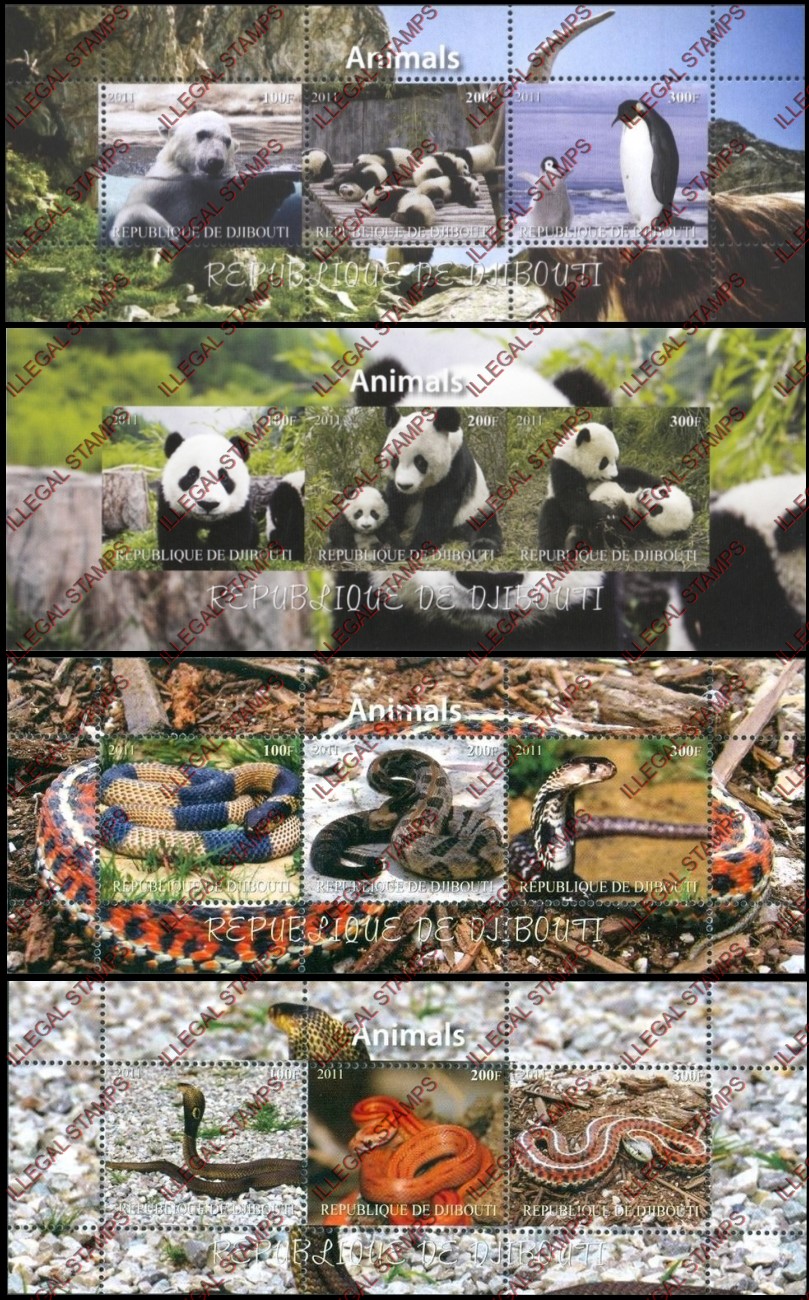 Djibouti 2011 Animals Illegal Stamp Souvenir Sheets of 3 with Picture Backgrounds