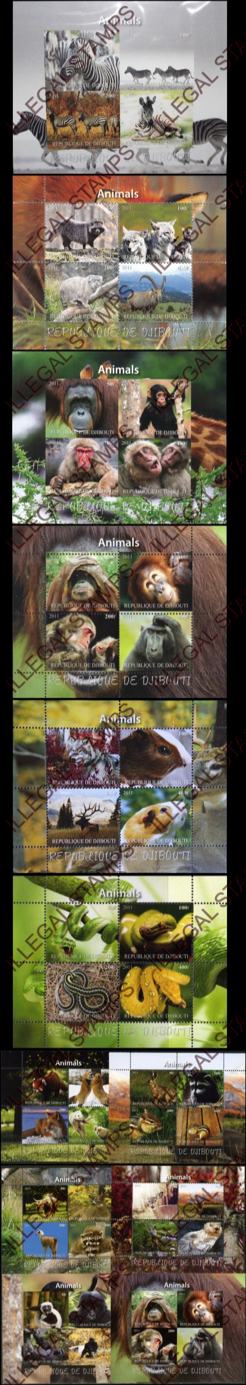 Djibouti 2011 Animals Illegal Stamp Souvenir Sheets of 4 with Picture Backgrounds (Part 1)