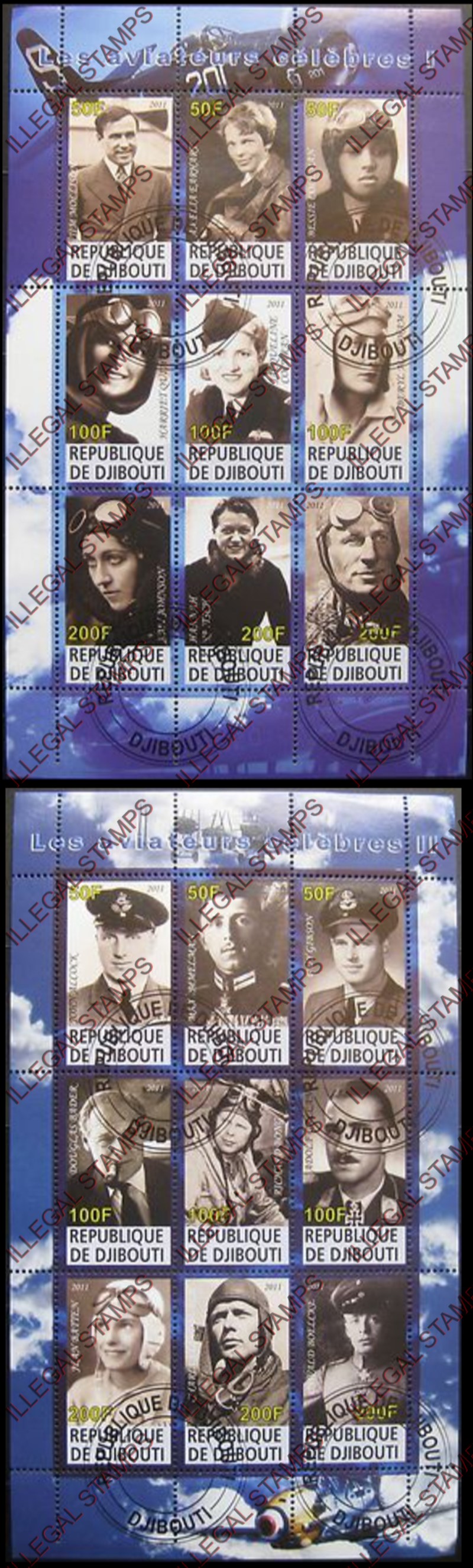 Djibouti 2011 Celebrity Aviators Illegal Stamp Sheetlets of 9