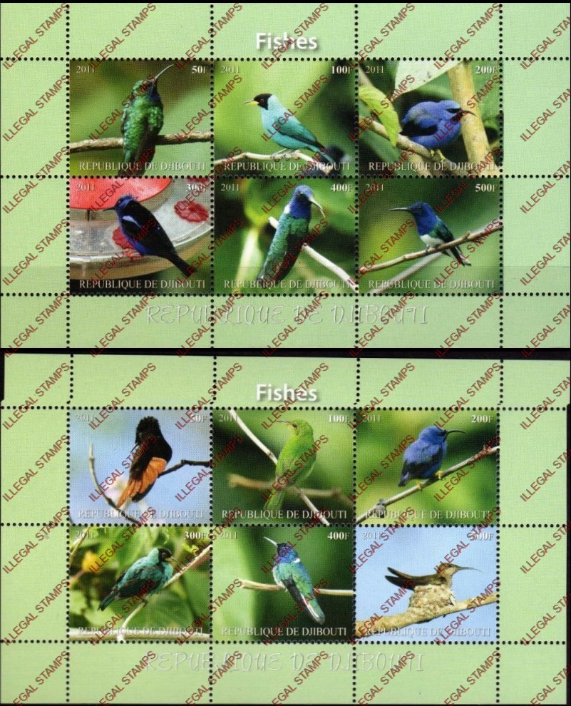Djibouti 2011 Birds (with wrong title Fish) Illegal Stamp Sheetlets of 6
