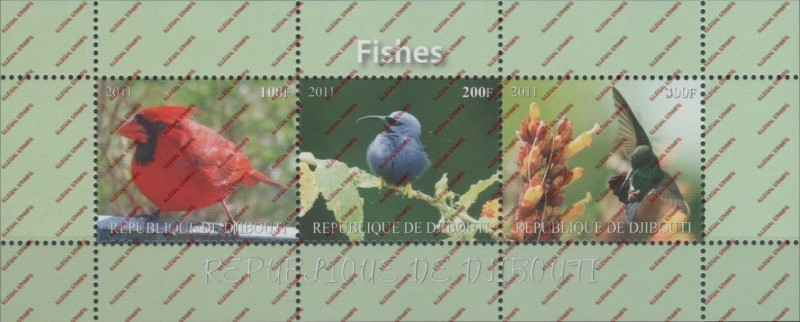 Djibouti 2011 Birds (with wrong title Fish) Illegal Stamp Souvenir Sheet of 3