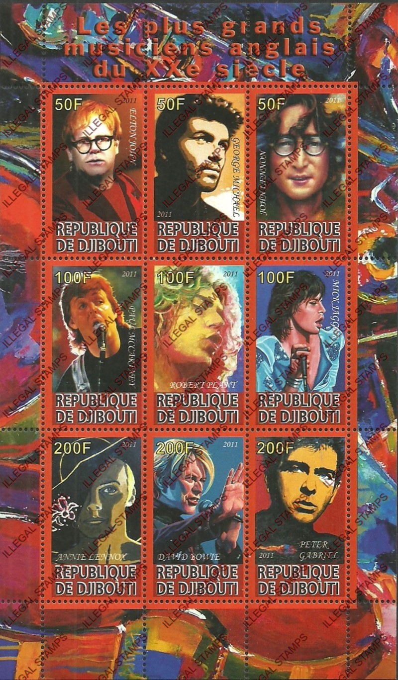Djibouti 2011 Great British Pop Singers Illegal Stamp Sheetlet of 9
