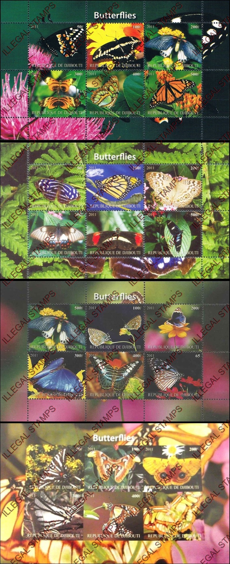 Djibouti 2011 Butterflies Illegal Stamp Sheetlets of 6