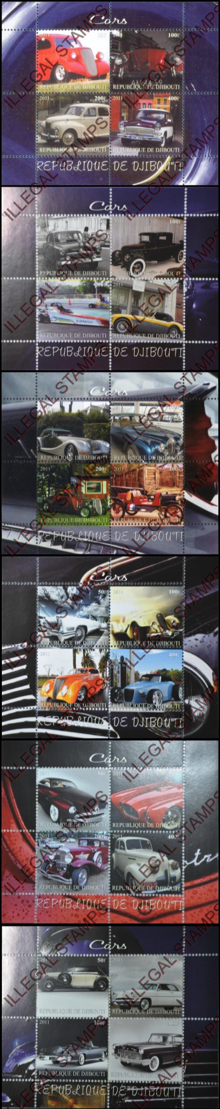 Djibouti 2011 Cars Illegal Stamp Souvenir Sheets of 4 (Part 1)