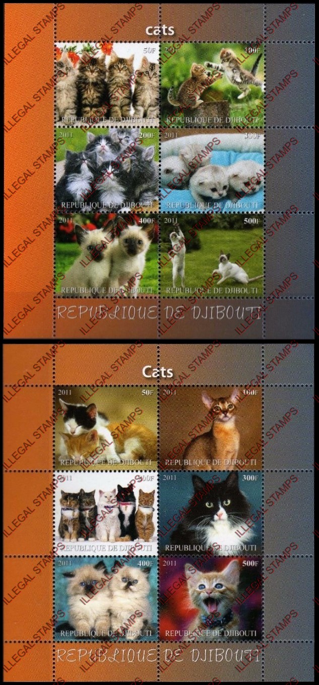 Djibouti 2011 Cats Illegal Stamp Sheetlets of 6