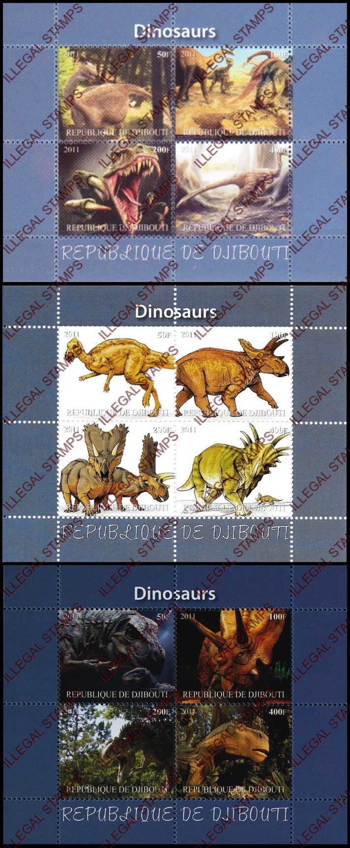 Djibouti 2011 Dinosaurs Illegal Stamp Souvenir Sheets of 4
