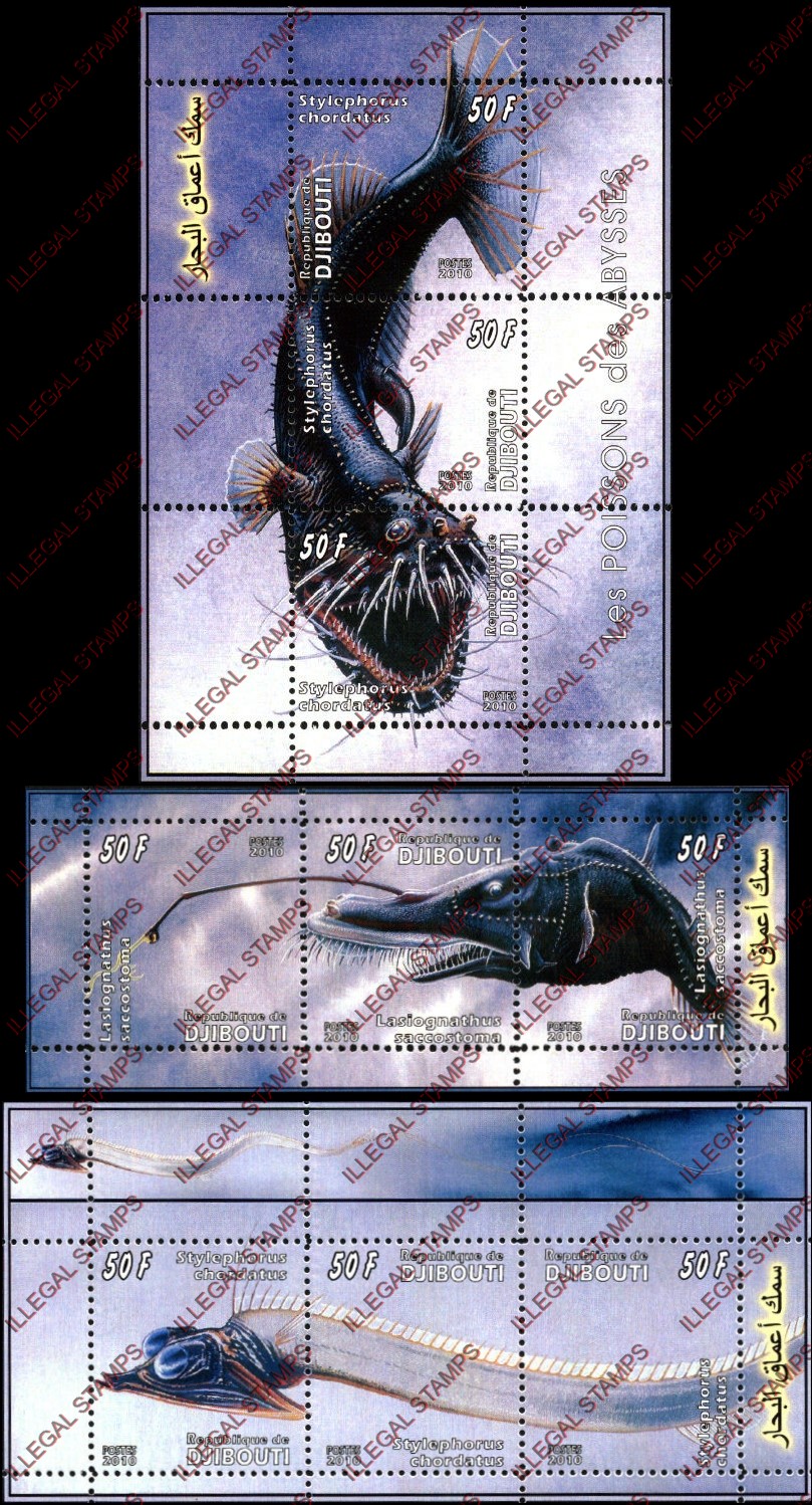 Djibouti 2011 Fish of the Abyss Illegal Stamp Souvenir Sheets of 3