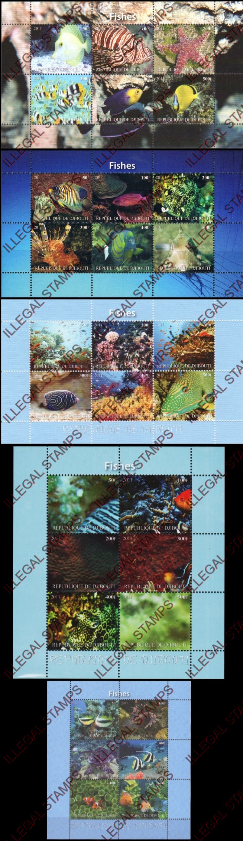 Djibouti 2011 Fish Illegal Stamp Sheetlets of 6