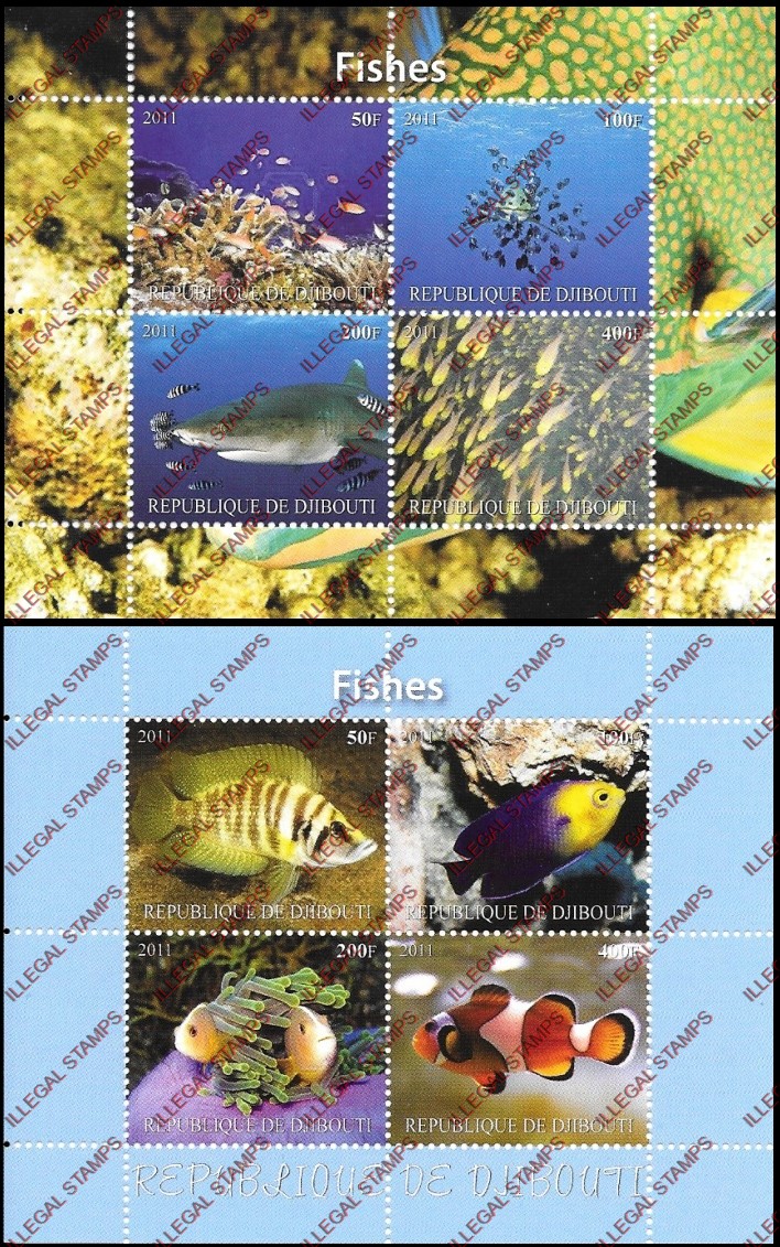 Djibouti 2011 Fish Illegal Stamp Souvenir Sheets of 4 (Part 1)