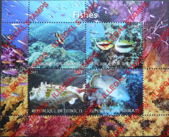 Djibouti 2011 Fish Illegal Stamp Souvenir Sheets of 4 (Part 2)