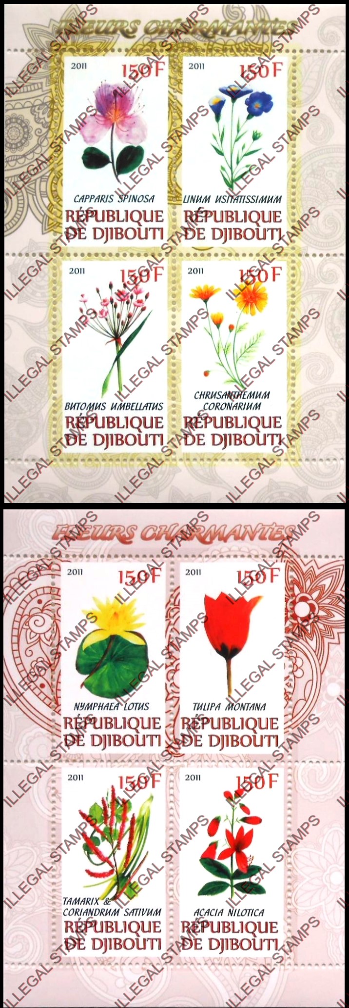 Djibouti 2011 Charming Flowers Illegal Stamp Souvenir Sheets of 4
