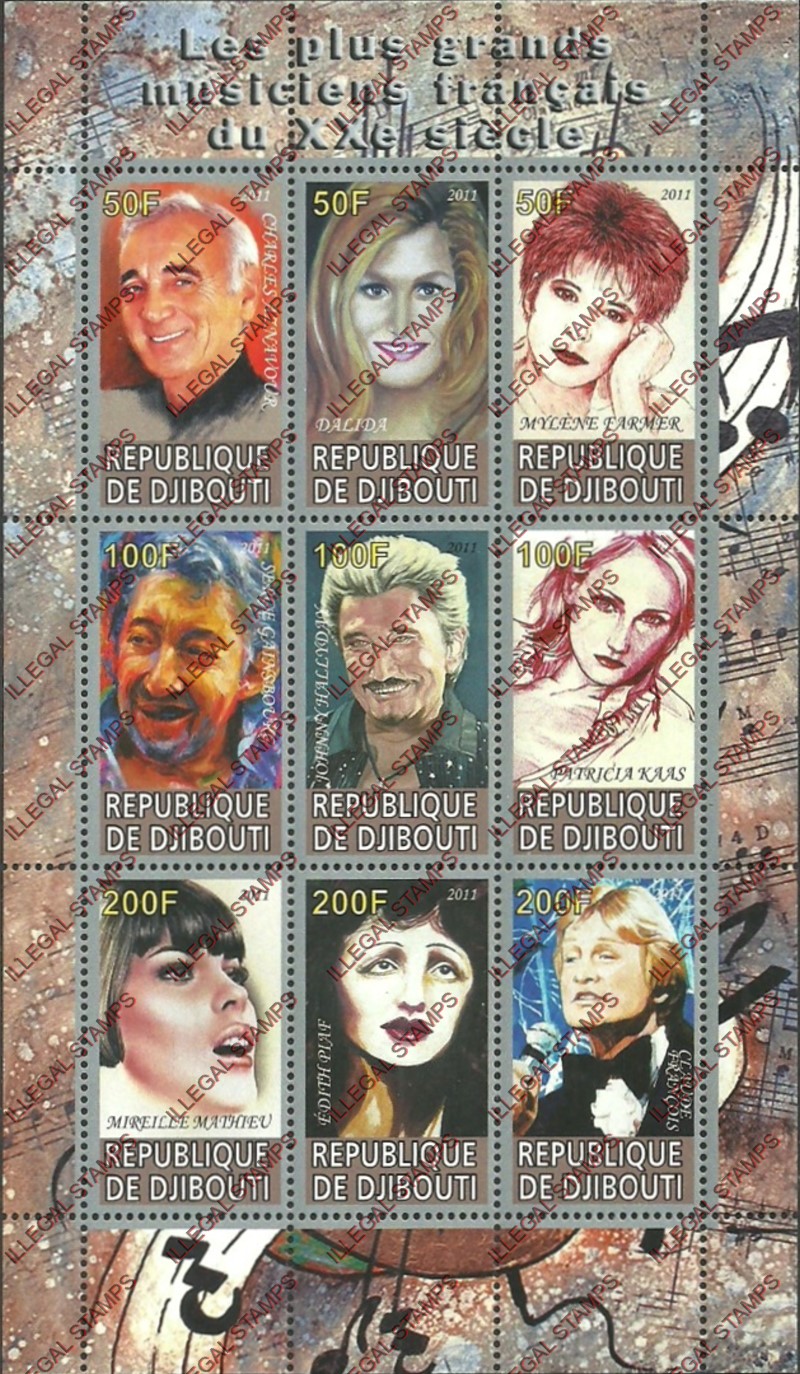 Djibouti 2011 Great French Pop Singers Illegal Stamp Sheetlet of 9