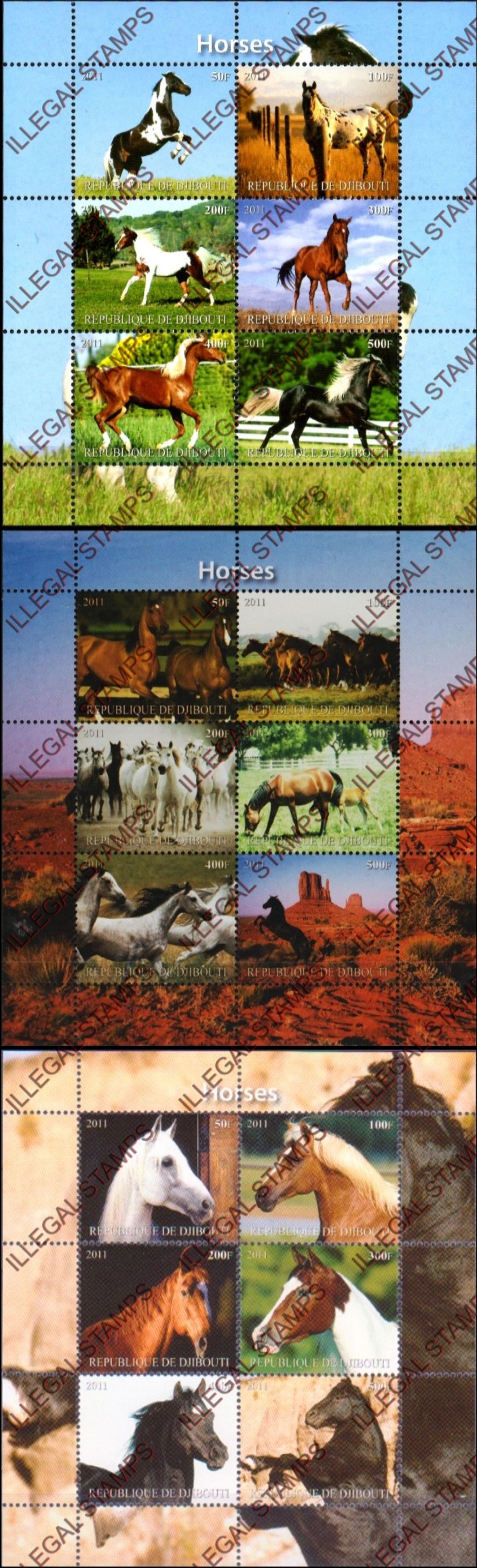 Djibouti 2011 Horses Illegal Stamp Sheetlets of 6 (Part 1)