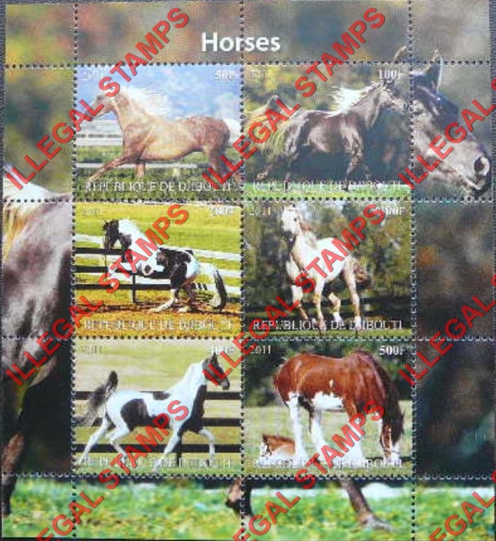 Djibouti 2011 Horses Illegal Stamp Sheetlets of 6 (Part 2)