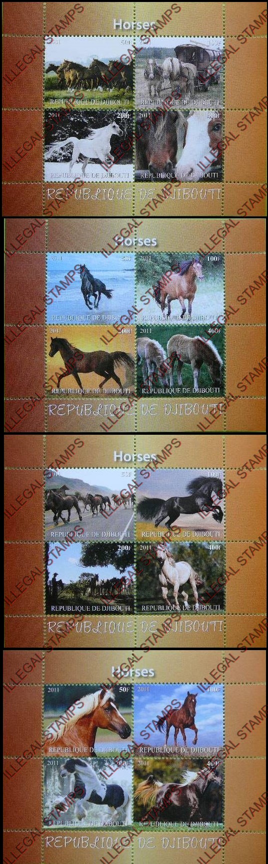 Djibouti 2011 Horses Illegal Stamp Souvenir Sheets of 4