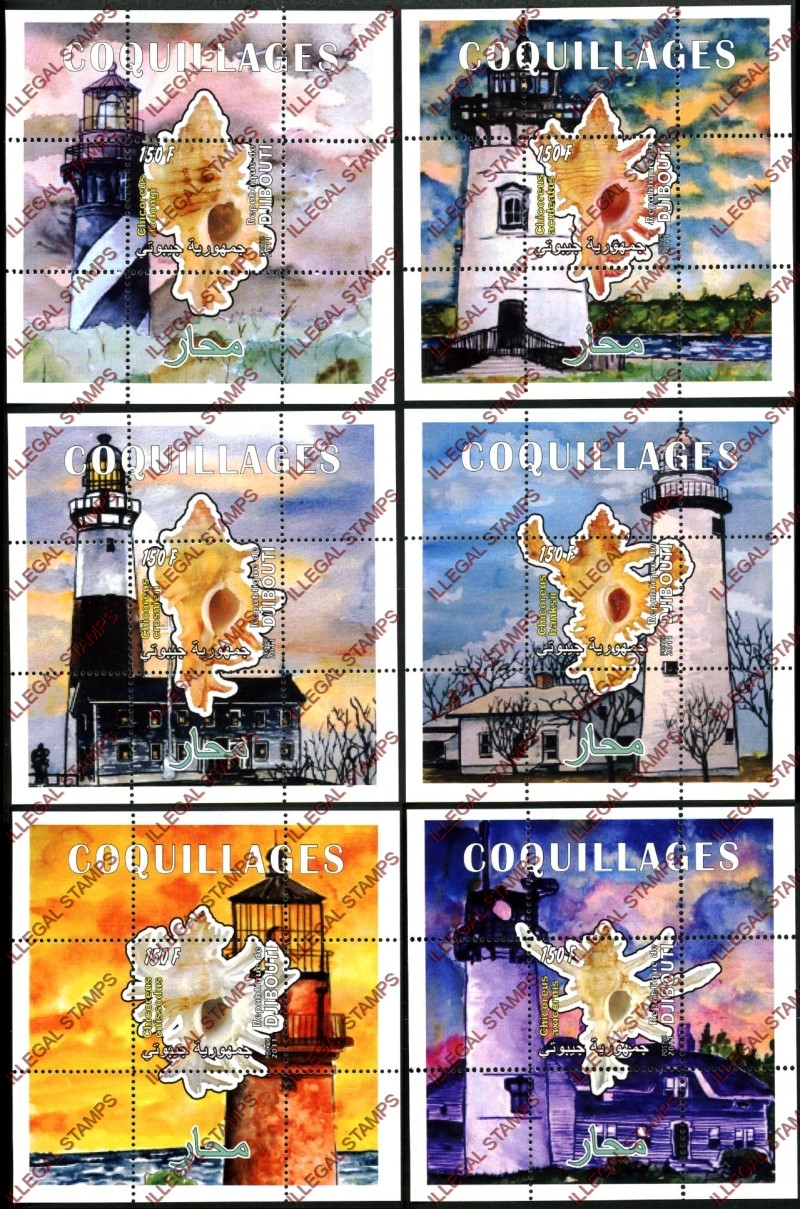 Djibouti 2011 Lighthouses and Sea Shells Illegal Stamp Souvenir Sheets of 1