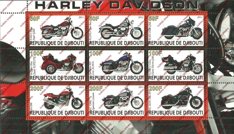 Djibouti 2011 Harley Davidson Motorcycles Illegal Stamp Sheetlet of 9