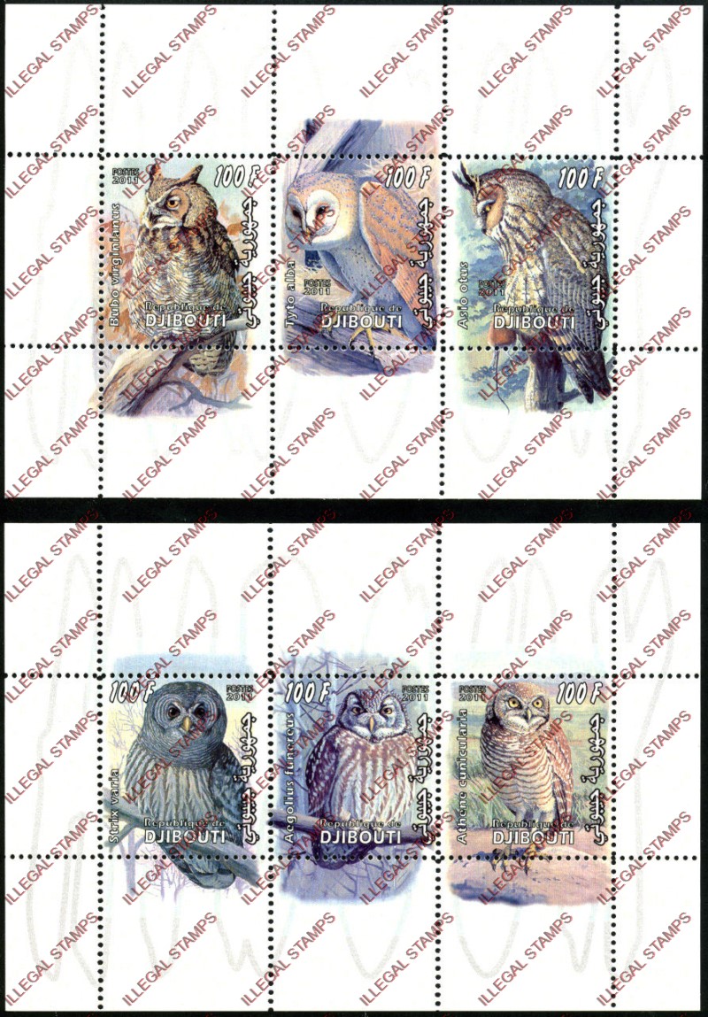 Djibouti 2011 Owls Illegal Stamp Sheetlets of 3