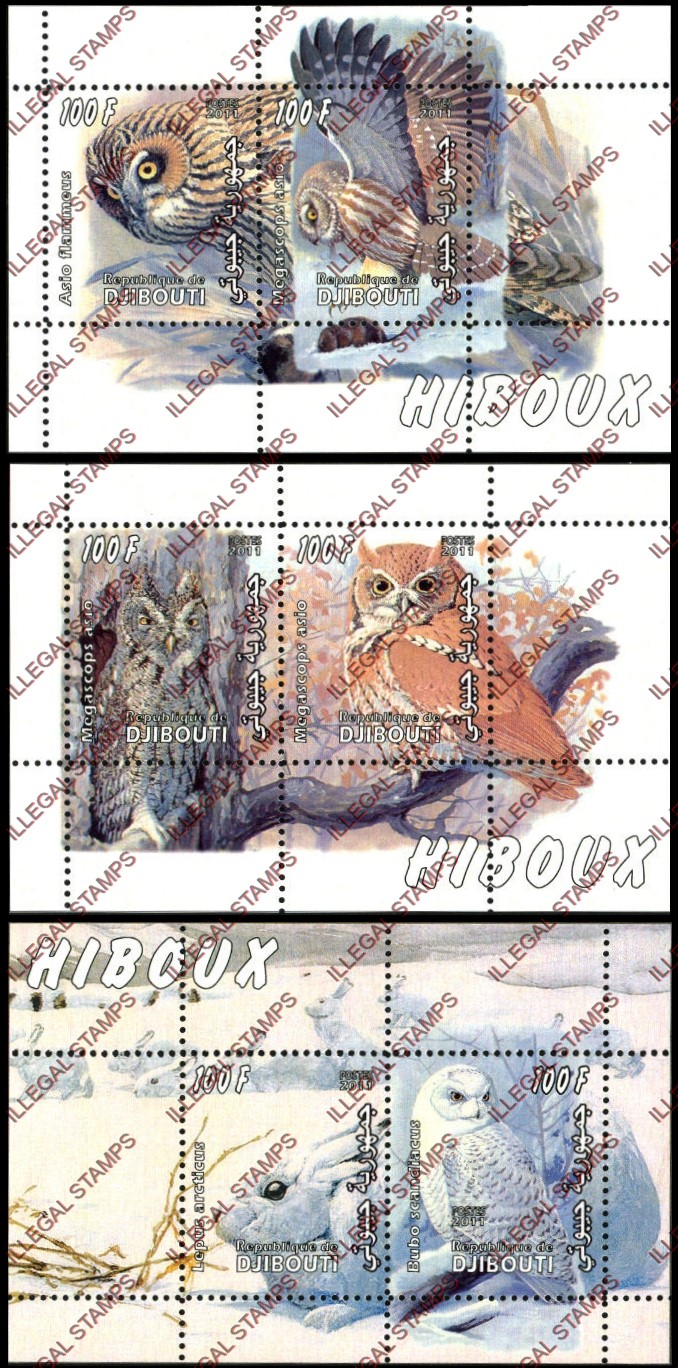 Djibouti 2011 Owls Illegal Stamp Souvenir Sheets of 2