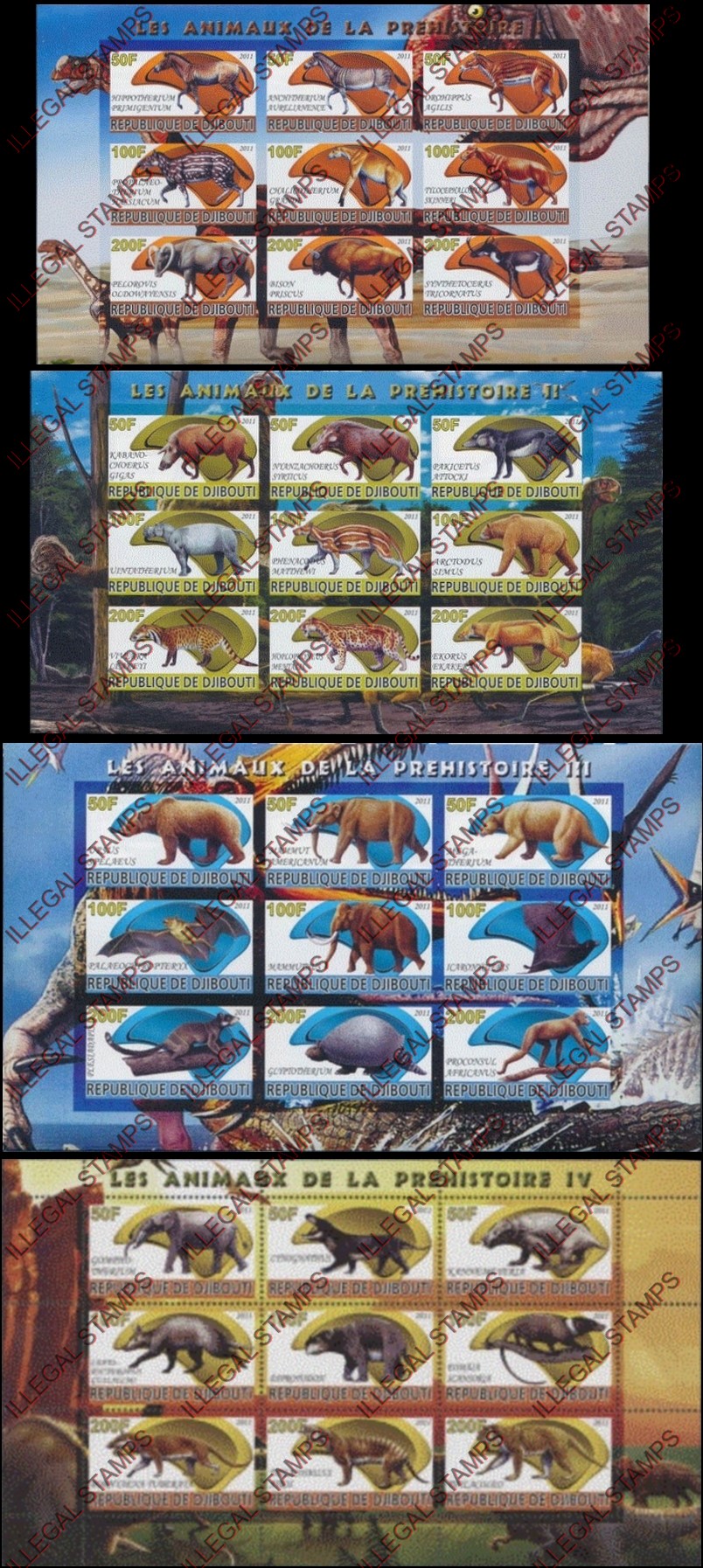 Djibouti 2011 Prehistoric Animals Illegal Stamp Sheetlets of 9