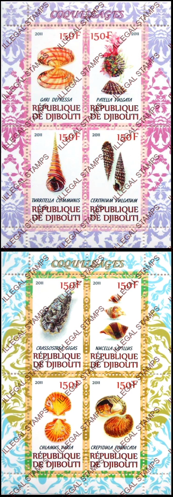 Djibouti 2011 Sea Shells Illegal Stamp Souvenir Sheets of 4