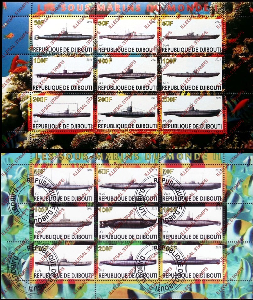 Djibouti 2011 Submarines of the World Illegal Stamp Sheetlets of 9