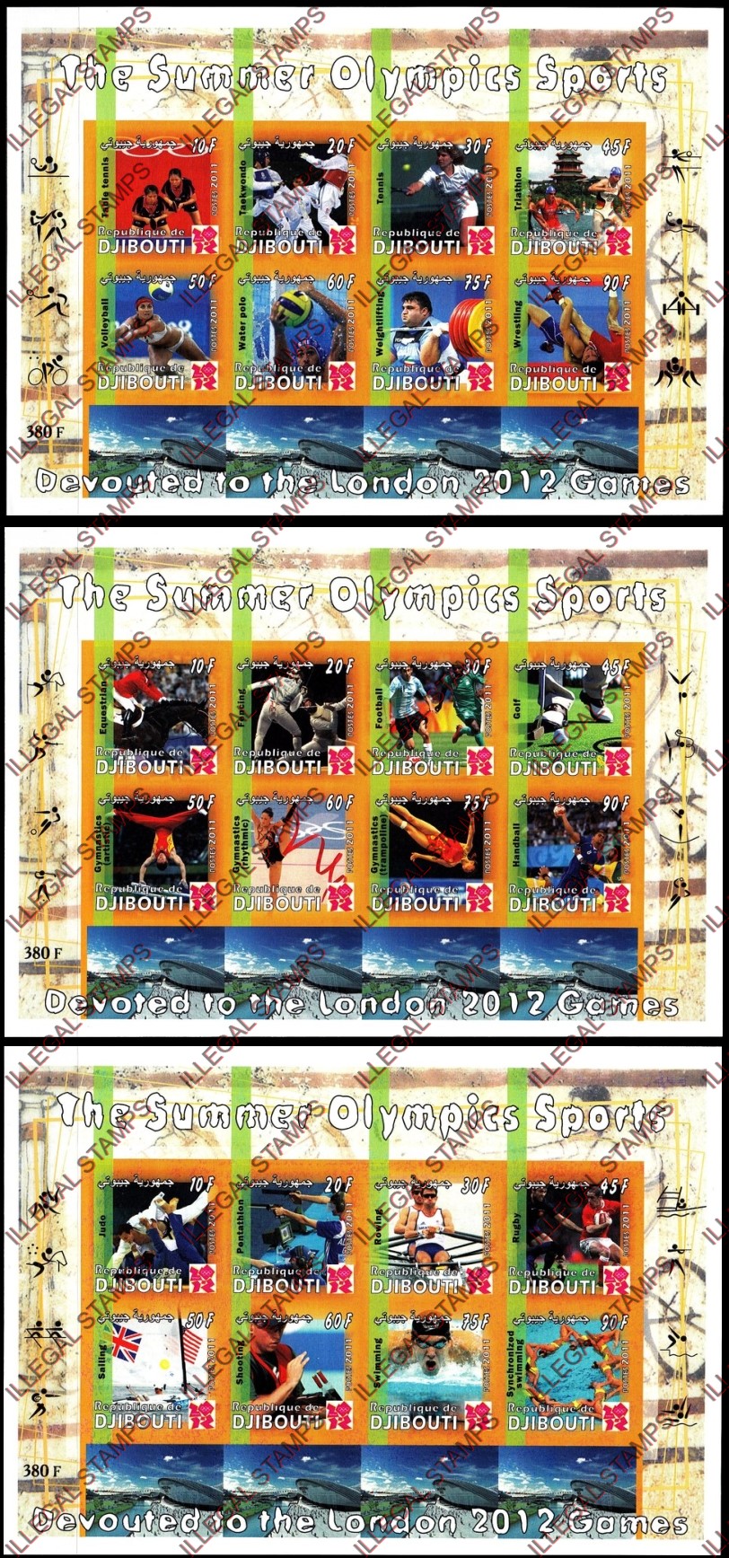 Djibouti 2011 Summer Olympic Games Illegal Stamp Sheetlets of 8