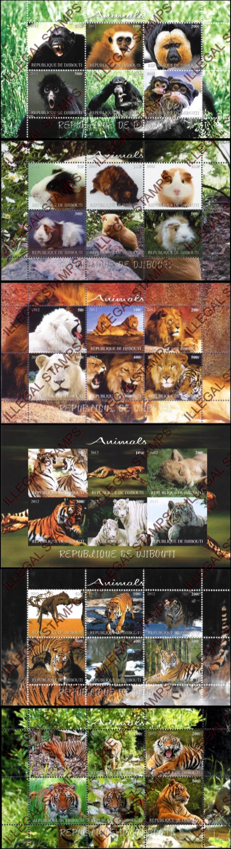 Djibouti 2012 Animals Illegal Stamp Sheetlets of 6