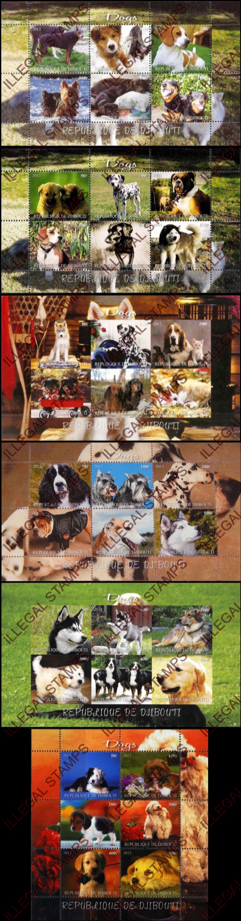 Djibouti 2012 Dogs Illegal Stamp Sheetlets of 6