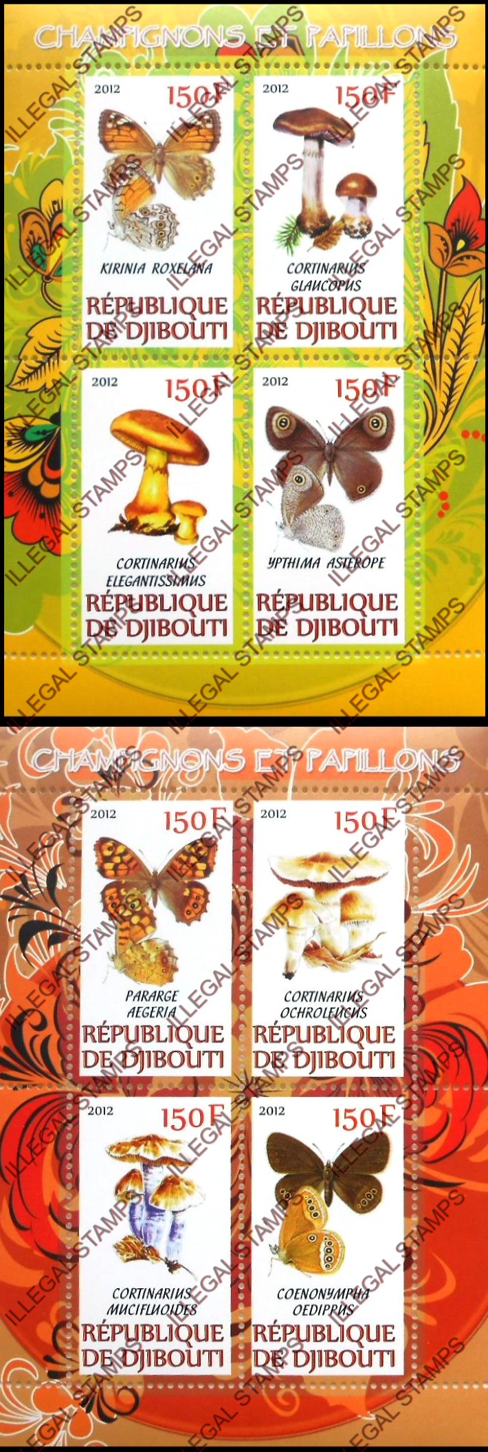 Djibouti 2012 Mushrooms and Butterflies Illegal Stamp Souvenir Sheets of 4